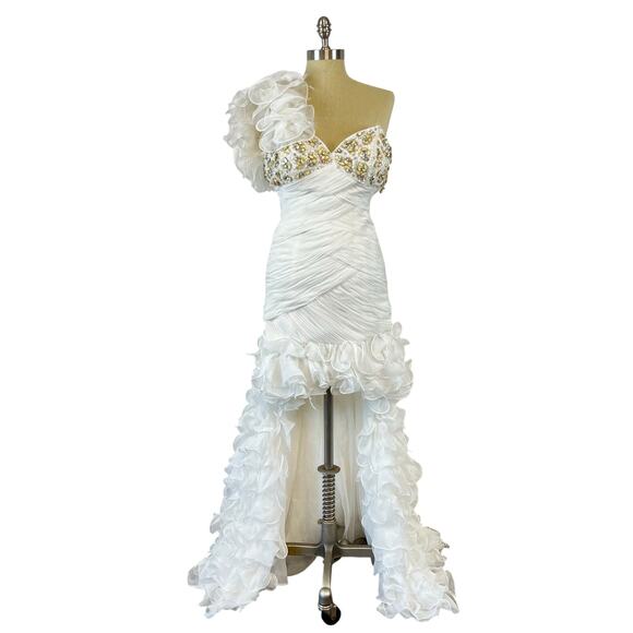 Mac Duggal Couture White High-Low Beaded Ruffle Feathers Prom Dress Gown (Sz 4) - Picture 1 of 16